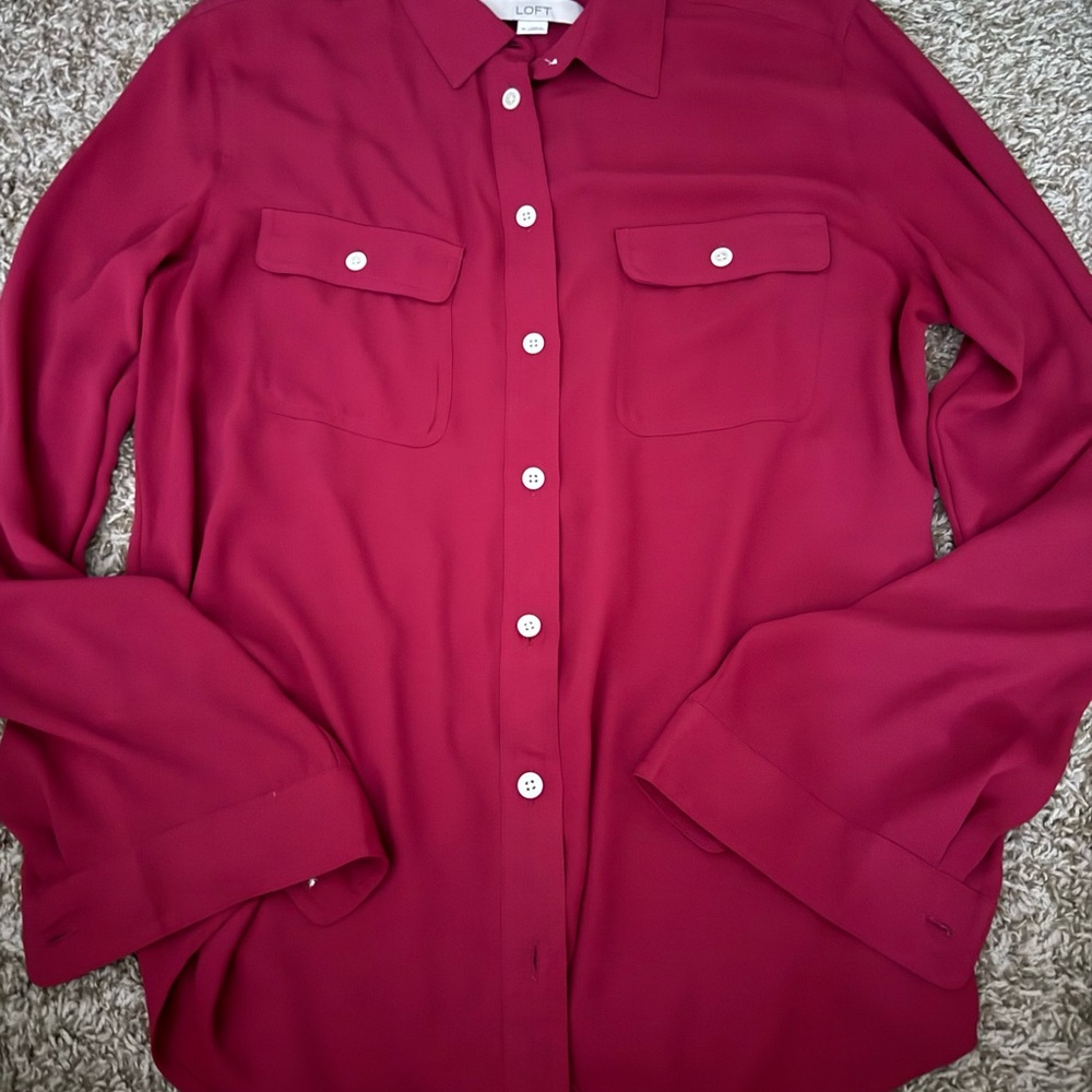 LOFT Deep Red Collared Blouse - Picture 2 of 5